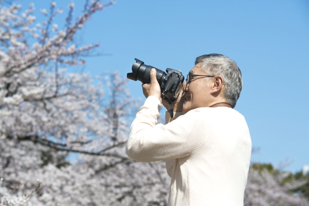 桜を一眼レフカメラで撮影する男性